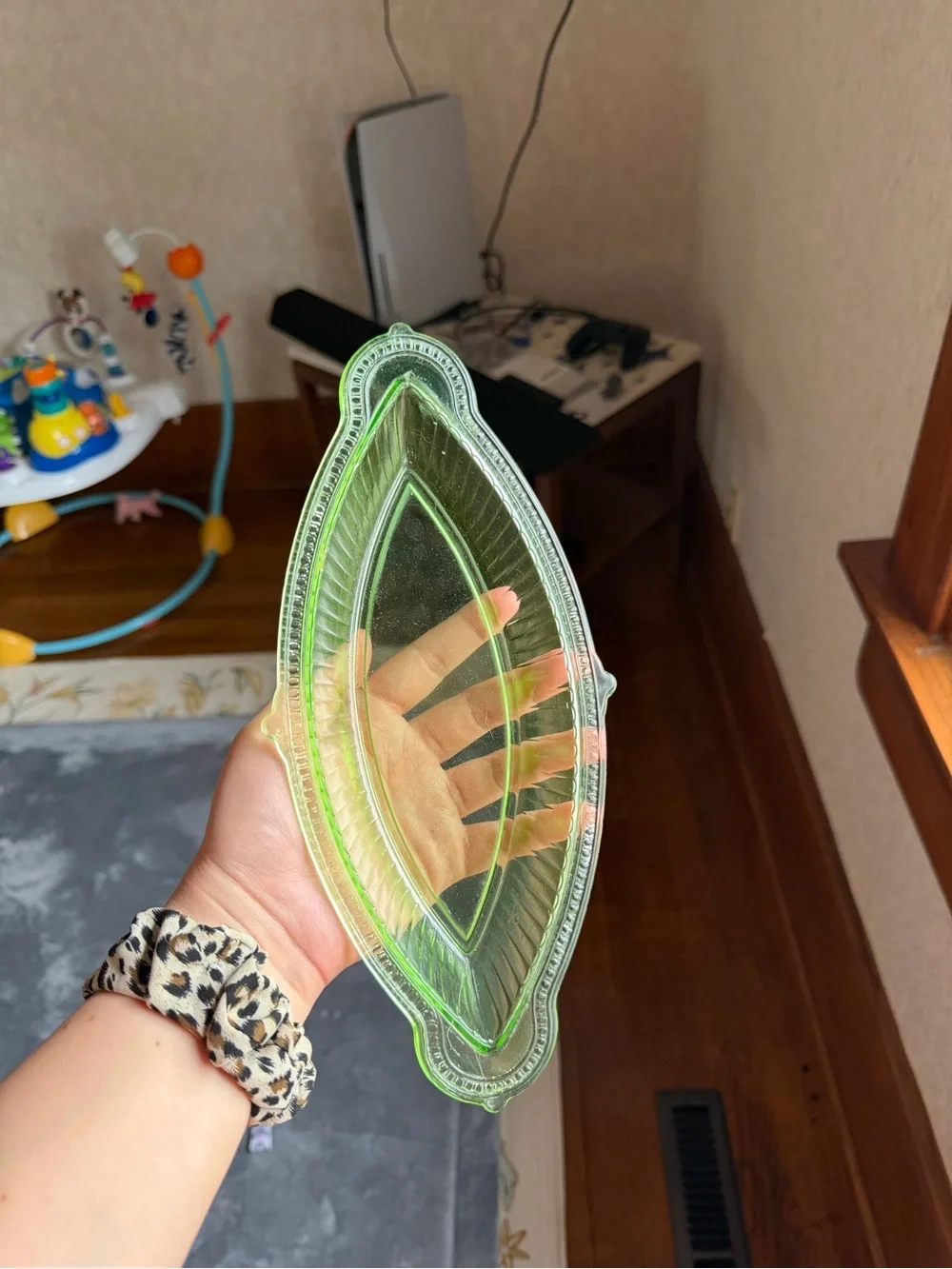 vintage green uranium glass oval celery or pickle dish